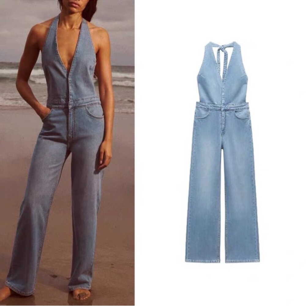 Zara Halter Denim Overall Jumpsuit Size Small